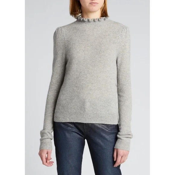 SOLD - NWT Frame Josefine Ruffle Neck Puff Sleeve Cashmere Sweater in Grey S - Picture 12 of 14